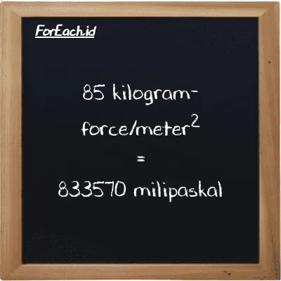 85 kilogram-force/meter<sup>2</sup> setara dengan 833570 milipaskal (85 kgf/m<sup>2</sup> setara dengan 833570 mPa)
